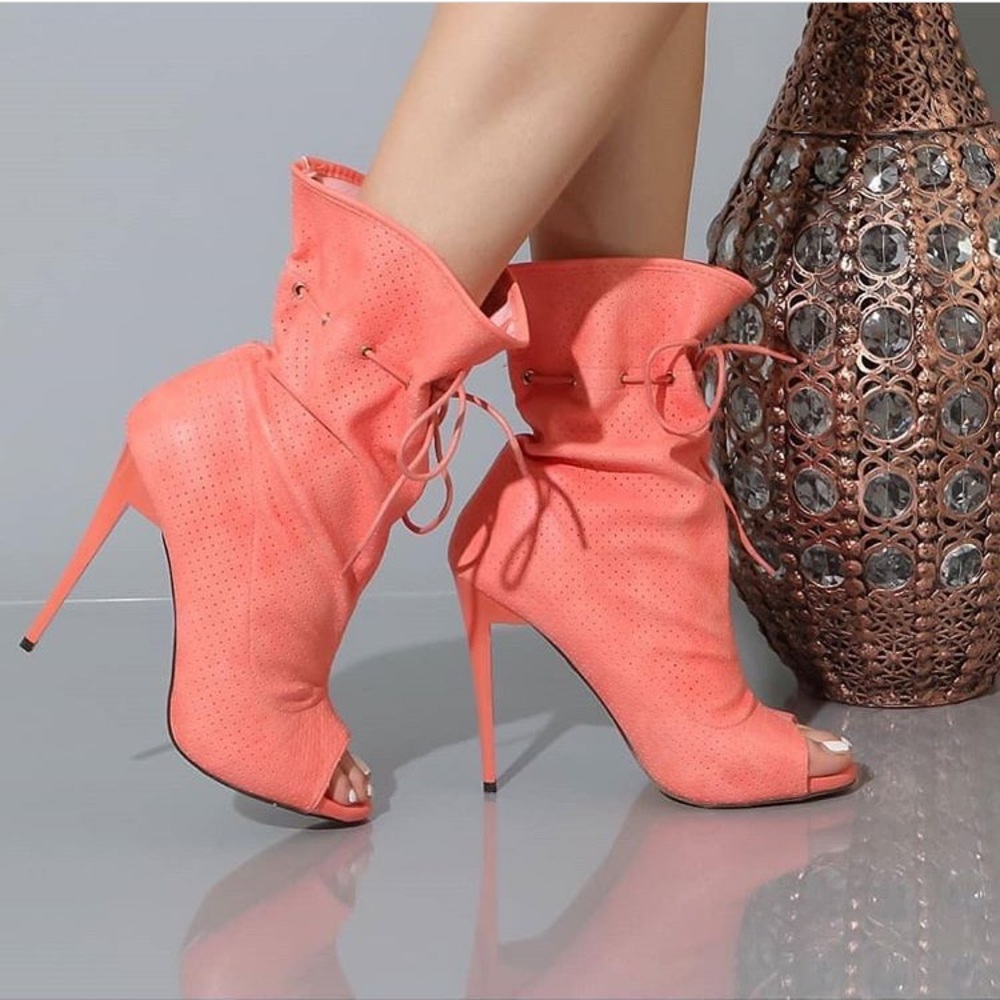 Open Toe  Drawstring Mid Calf Bootie-Coral